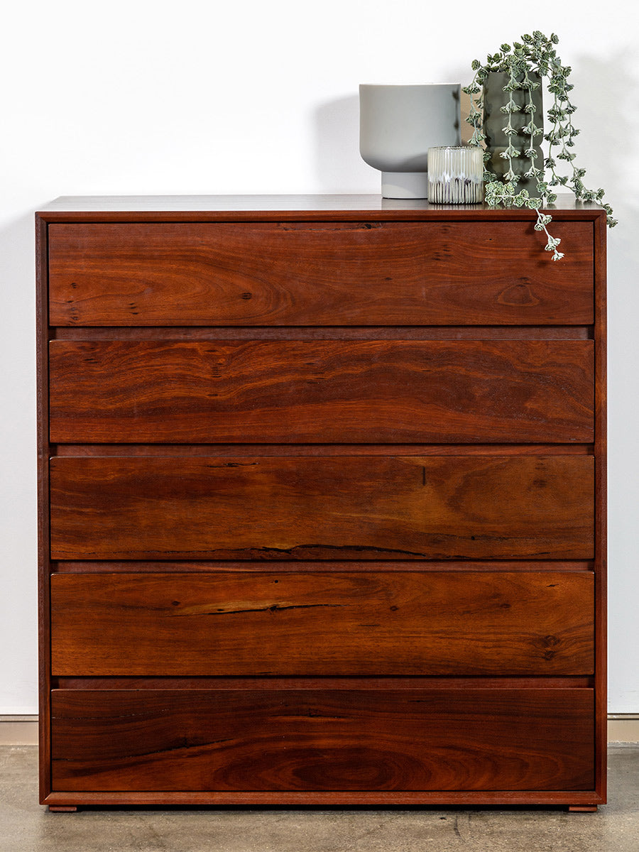 Apartment style solid jarrah timber wood tallboy chest of drawers bedroom suite Perth WA