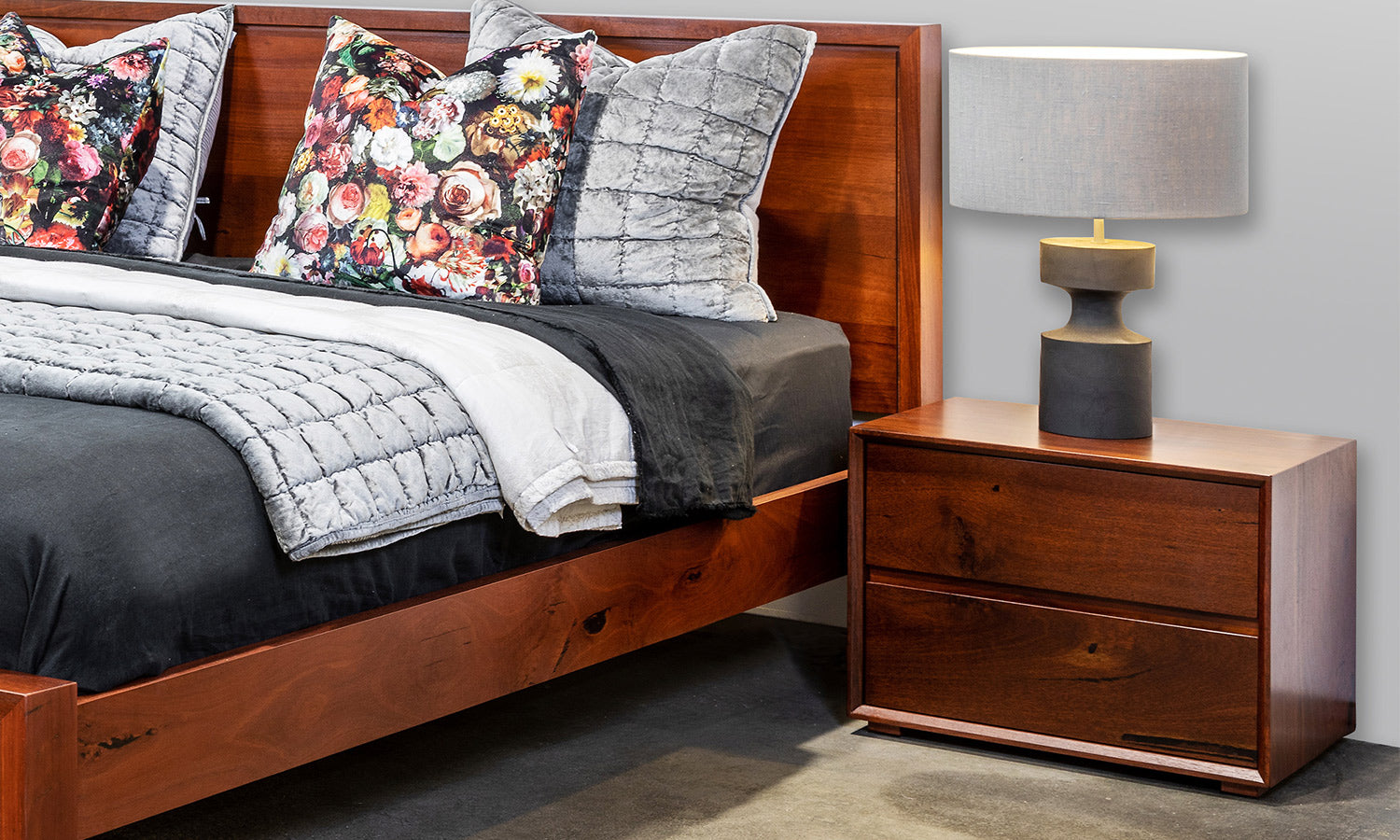 Apartment solid Marri or Jarrah Timber Wood bedside tables with two drawers or single drawer options, Perth WA