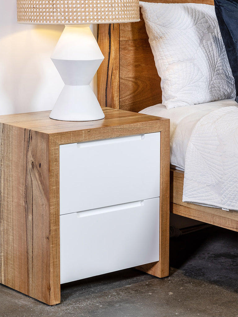 Marri or Jarrah and White Lacquer Timber Wood Bedside Tables with Two Drawers Perth WA