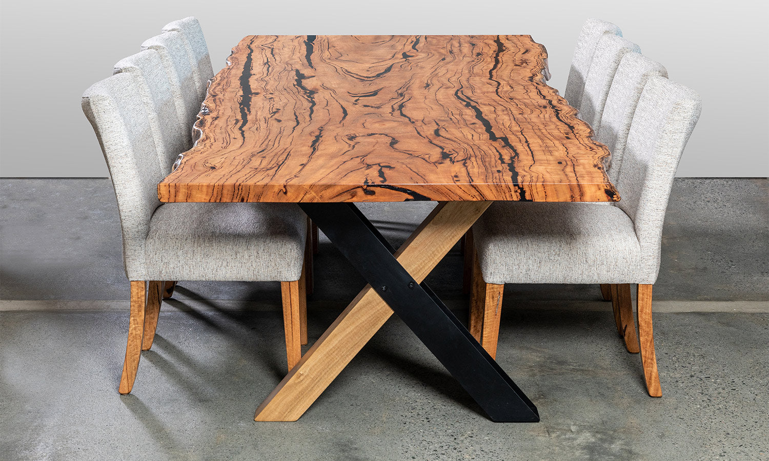 Intwine Solid Marri Timber Slab Dining Table with hybrid wood metal x shaped base made in Perth, WA