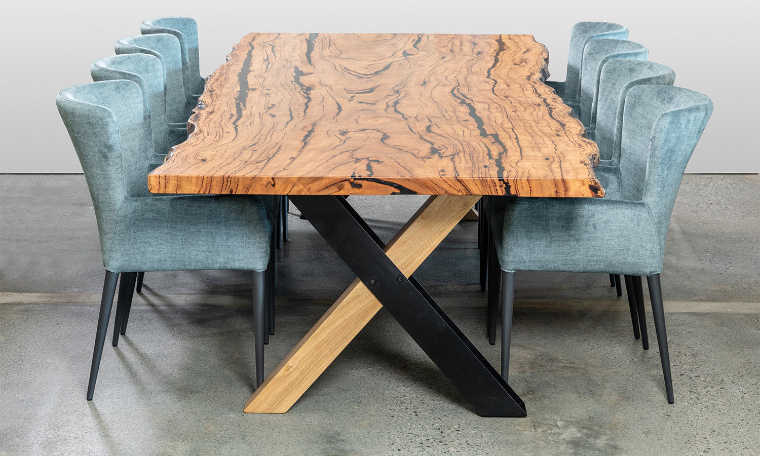 Intwine Solid Marri Timber Slab Dining Table with Natural Edge  Unique X shaped hybrid base wood and metal, made in Perth, WA
