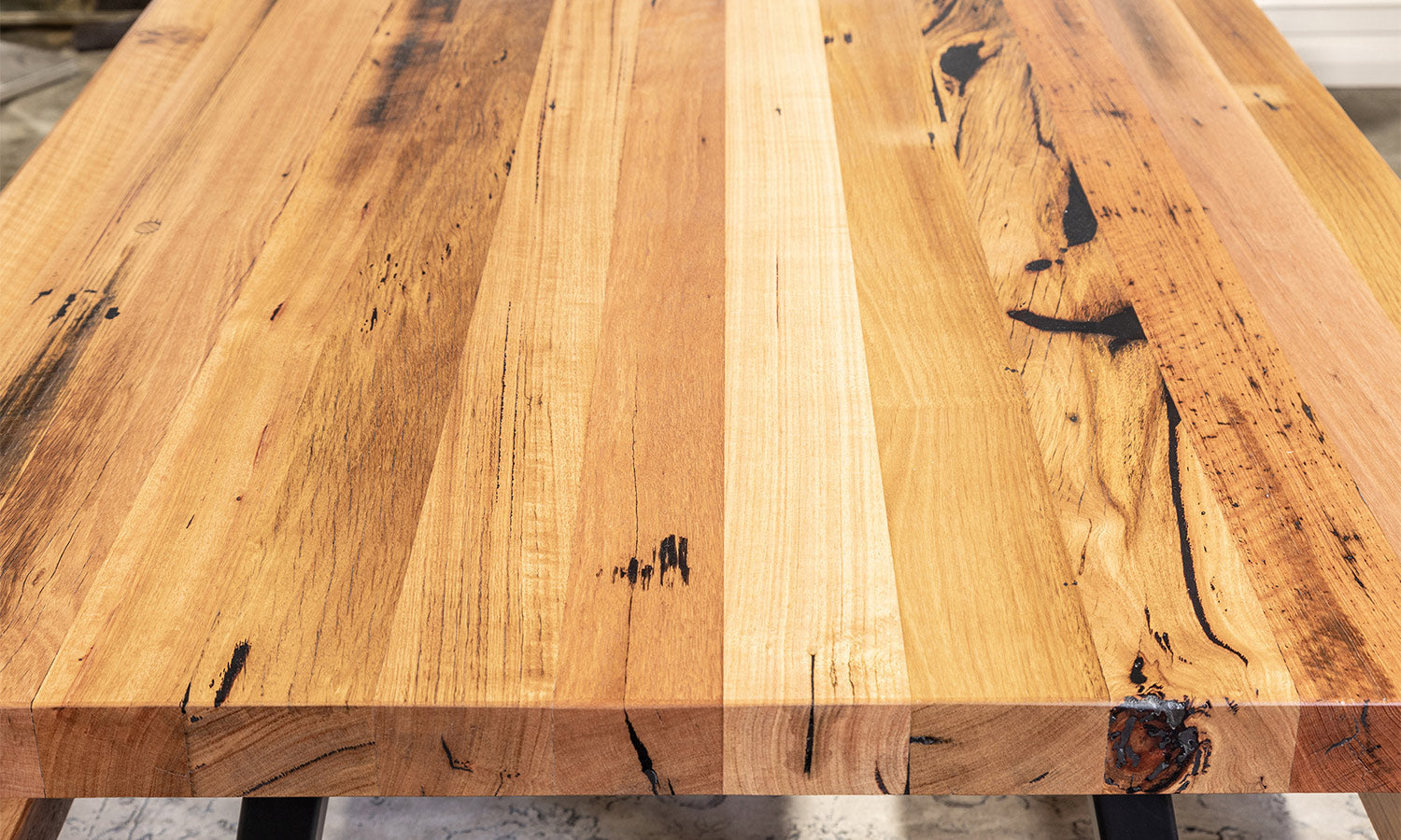 Recycled Australian Messmate Rustic Timber Dining Table metal base Tabletop detail Perth, WA
