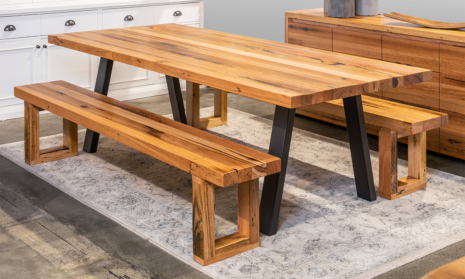 Recycled Messmate Timber Dining Table Metal Base w/ Bench Seats