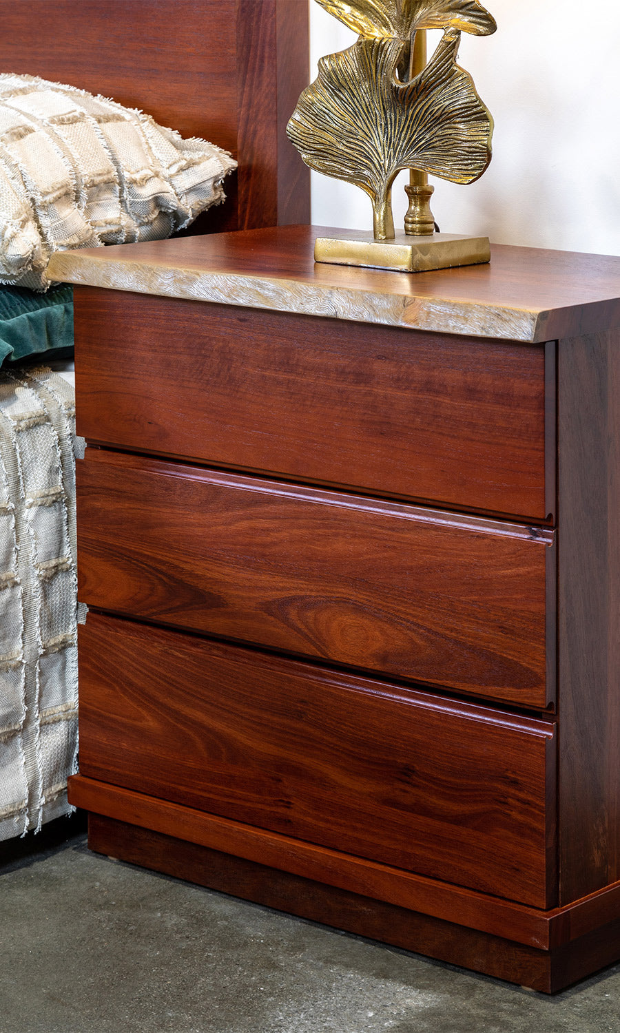 Naturaliste Natural Edge Solid Jarrah Timber Three Drawer Bedside Tables Bedroom Suite Made in Perth, WA