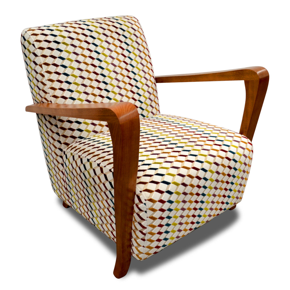 Retro Mid Century styled Funky Fabric Upholstered Occasional Chair with solid timber armrests